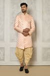 Buy_Aryavir Malhotra_Peach Tuxedo Satin Woven Swirl Pattern Sherwani With Dhoti Pant _at_Aza_Fashions