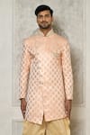 Aryavir Malhotra_Peach Tuxedo Satin Woven Swirl Pattern Sherwani With Dhoti Pant _Online_at_Aza_Fashions