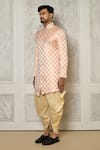 Shop_Aryavir Malhotra_Peach Tuxedo Satin Woven Swirl Pattern Sherwani With Dhoti Pant _Online_at_Aza_Fashions