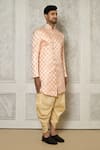 Aryavir Malhotra_Peach Tuxedo Satin Woven Swirl Pattern Sherwani With Dhoti Pant _at_Aza_Fashions