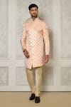 Buy_Aryavir Malhotra_Peach Tuxedo Satin Woven Swirl Rhinestone Embellished Sherwani _at_Aza_Fashions