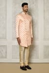 Aryavir Malhotra_Peach Tuxedo Satin Woven Swirl Rhinestone Embellished Sherwani _at_Aza_Fashions