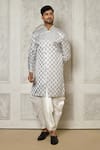 Buy_Aryavir Malhotra_Grey Tuxedo Satin Woven Swirl Pattern Asymmetric Sherwani With Dhoti Pant _at_Aza_Fashions