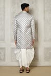 Shop_Aryavir Malhotra_Grey Tuxedo Satin Woven Swirl Pattern Asymmetric Sherwani With Dhoti Pant _at_Aza_Fashions