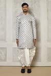 Aryavir Malhotra_Grey Tuxedo Satin Woven Swirl Pattern Asymmetric Sherwani With Dhoti Pant _Online_at_Aza_Fashions