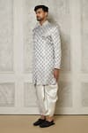 Buy_Aryavir Malhotra_Grey Tuxedo Satin Woven Swirl Pattern Asymmetric Sherwani With Dhoti Pant _Online_at_Aza_Fashions