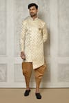 Buy_Aryavir Malhotra_Beige Tuxedo Satin Woven Pattern Asymmetric Panelled Sherwani With Dhoti Pant _at_Aza_Fashions