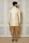 Shop_Aryavir Malhotra_Beige Tuxedo Satin Woven Pattern Asymmetric Panelled Sherwani With Dhoti Pant _at_Aza_Fashions