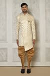 Aryavir Malhotra_Beige Tuxedo Satin Woven Pattern Asymmetric Panelled Sherwani With Dhoti Pant _at_Aza_Fashions