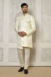 Buy_Aryavir Malhotra_Off White Tuxedo Satin Woven Swirl Ornate Pattern Sherwani With Churidar _at_Aza_Fashions