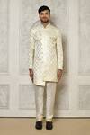 Shop_Aryavir Malhotra_Off White Tuxedo Satin Woven Swirl Ornate Pattern Sherwani With Churidar _Online_at_Aza_Fashions