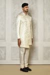 Buy_Aryavir Malhotra_Off White Tuxedo Satin Woven Swirl Ornate Pattern Sherwani With Churidar 