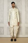 Aryavir Malhotra_Off White Tuxedo Satin Woven Swirl Ornate Pattern Sherwani With Dhoti Pant _at_Aza_Fashions