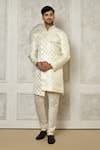 Buy_Aryavir Malhotra_Off White Tuxedo Satin Woven Swirl Ornate Pattern Sherwani _at_Aza_Fashions