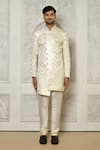 Aryavir Malhotra_Off White Tuxedo Satin Woven Swirl Ornate Pattern Sherwani _Online_at_Aza_Fashions