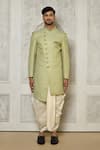 Aryavir Malhotra_Green Jaquared Woven Swirl Victorian Pattern Sherwani With Dhoti Pant _at_Aza_Fashions