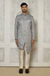 Shop_Aryavir Malhotra_Grey Jaquared Woven Floral Jaal Sherwani With Churidar _Online_at_Aza_Fashions