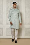 Buy_Aryavir Malhotra_Grey Jaquared Woven Floral Vine Pattern Sherwani With Churidar _at_Aza_Fashions