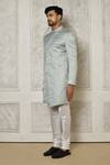 Aryavir Malhotra_Grey Jaquared Woven Floral Vine Pattern Sherwani With Churidar _at_Aza_Fashions