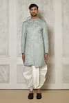 Aryavir Malhotra_Grey Jaquared Woven Floral Vine Sherwani With Churidar _at_Aza_Fashions