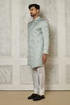 Shop_Aryavir Malhotra_Grey Jacquard Woven Floral Vine Pattern Asymmetric Sherwani _Online_at_Aza_Fashions