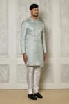 Aryavir Malhotra_Grey Jacquard Woven Floral Vine Pattern Asymmetric Sherwani _at_Aza_Fashions