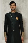 Aryavir Malhotra_Green Dupion Art Silk Asymmetric Side Placket Sherwani With Dhoti Pant _Online_at_Aza_Fashions