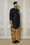 Shop_Aryavir Malhotra_Green Dupion Art Silk Asymmetric Side Placket Sherwani With Dhoti Pant _Online_at_Aza_Fashions