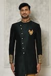 Aryavir Malhotra_Green Dupion Art Silk Embroidered Floral Placed Sherwani _Online_at_Aza_Fashions