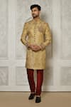 Buy_Aryavir Malhotra_Gold Jamewar Woven Floral Placed Zardozi Embroidered Sherwani With Churidar _at_Aza_Fashions