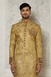 Buy_Aryavir Malhotra_Gold Jamewar Woven Floral Placed Zardozi Embroidered Sherwani With Churidar _Online_at_Aza_Fashions