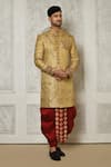 Buy_Aryavir Malhotra_Gold Jamewar Woven Floral Placement Embroidered Sherwani With Dhoti Pant _at_Aza_Fashions