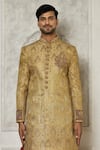 Aryavir Malhotra_Gold Jamewar Woven Floral Placement Embroidered Sherwani With Dhoti Pant _Online_at_Aza_Fashions