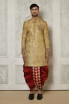 Buy_Aryavir Malhotra_Gold Jamewar Woven Floral Placement Embroidered Sherwani With Dhoti Pant _Online_at_Aza_Fashions