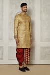 Shop_Aryavir Malhotra_Gold Jamewar Woven Floral Placement Embroidered Sherwani With Dhoti Pant _Online_at_Aza_Fashions