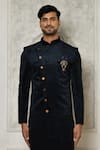 Aryavir Malhotra_Blue Velvet Digital Printed Sherwani _Online_at_Aza_Fashions