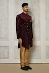 Shop_Aryavir Malhotra_Maroon Sherwani  Velvet Digital Printed And Churidar Set _Online_at_Aza_Fashions