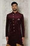 Shop_Aryavir Malhotra_Maroon Sherwani  Velvet Digital Printed Pattern And Dhoti Pant Set _Online_at_Aza_Fashions