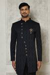 Shop_Aryavir Malhotra_Blue Sherwani  Jacquard Floral Pattern And Churidar Set _Online_at_Aza_Fashions