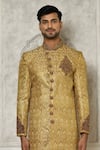 Shop_Aryavir Malhotra_Gold Sherwani  Jamewar Hand Embroidered And Churidar Set _Online_at_Aza_Fashions