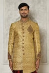 Shop_Aryavir Malhotra_Gold Sherwani  Jamewar Hand Embroidered And Dhoti Pant Set _Online_at_Aza_Fashions