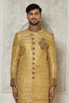 Shop_Aryavir Malhotra_Gold Sherwani  Jamewar Hand Embroidered And Cream Churidar Set _Online_at_Aza_Fashions