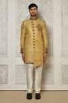 Aryavir Malhotra_Gold Jamewar Hand Embroidered Mandarin Collar Sherwani _Online_at_Aza_Fashions