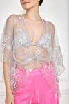Dilnaz_Grey Net Hand Embroidered 3d Flowers Deep V Neck Floral Kaftan  _Online_at_Aza_Fashions