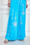 DILNAZ_Blue Satin Linen Hand Embroidered Diamante Stones Wide Legged Trouser  _Online_at_Aza_Fashions