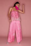 Buy_DILNAZ_Pink Satin Linen Hand Embroidered Diamante Stones Wide Legged Trouser  _at_Aza_Fashions