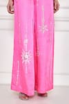 DILNAZ_Pink Satin Linen Hand Embroidered Diamante Stones Wide Legged Trouser  _Online_at_Aza_Fashions