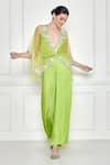 Buy_DILNAZ_Green Net Embroidery Thread Plunge Mirror Draped Kaftan With Jumpsuit  _at_Aza_Fashions