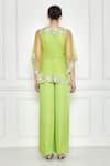 Shop_DILNAZ_Green Net Embroidery Thread Plunge Mirror Draped Kaftan With Jumpsuit  _at_Aza_Fashions