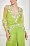 DILNAZ_Green Net Embroidery Thread Plunge Mirror Draped Kaftan With Jumpsuit  _Online_at_Aza_Fashions